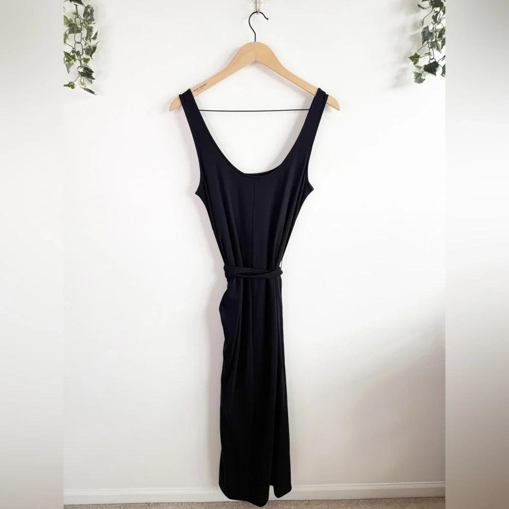 NEW VINCE Black Pima Cotton Stretch Midi Tie Dress Size Medium - Picture 6 of 6